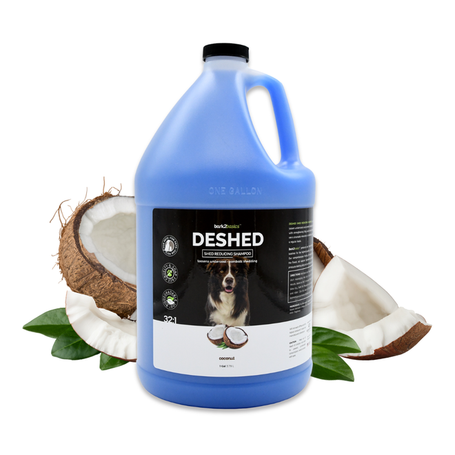 One-gallon jug of Bark2Basics DeShedding Shampoo